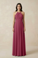 A-Line Halter Neck Pleated Chiffon Bridesmaid Dress in Desert Rose - KissProm BRIDESMAID DRESSES