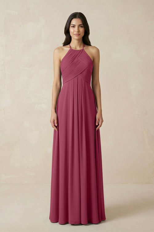 A-Line Halter Neck Pleated Chiffon Bridesmaid Dress in Desert Rose - KissProm BRIDESMAID DRESSES