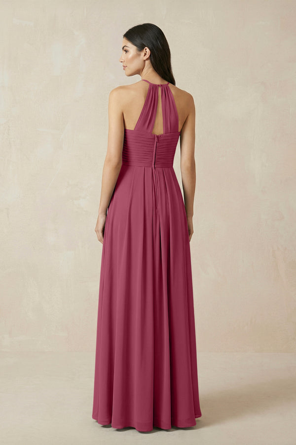 A-Line Halter Neck Pleated Chiffon Bridesmaid Dress in Desert Rose - KissProm BRIDESMAID DRESSES