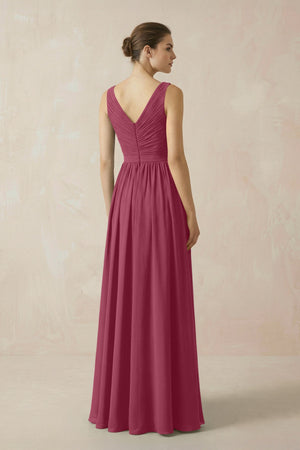 A-Line V-Neck Pleated Chiffon Bridesmaid Dress in Desert Rose - KissProm BRIDESMAID DRESSES
