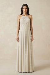 A-Line Halter Neck Pleated Chiffon Bridesmaid Dress in Dove Gray - KissProm BRIDESMAID DRESSES