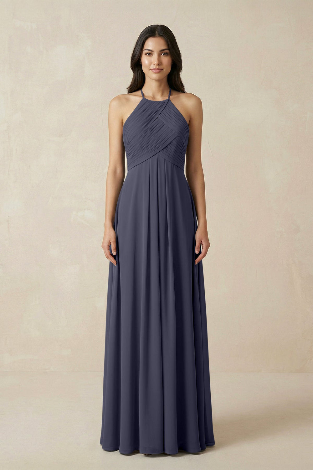 A-Line Halter Neck Pleated Chiffon Bridesmaid Dress in Dusk Blue - KissProm BRIDESMAID DRESSES
