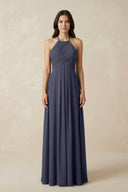 A-Line Halter Neck Pleated Chiffon Bridesmaid Dress in Dusk Blue - KissProm BRIDESMAID DRESSES