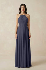 A-Line Halter Neck Pleated Chiffon Bridesmaid Dress in Dusk Blue - KissProm BRIDESMAID DRESSES