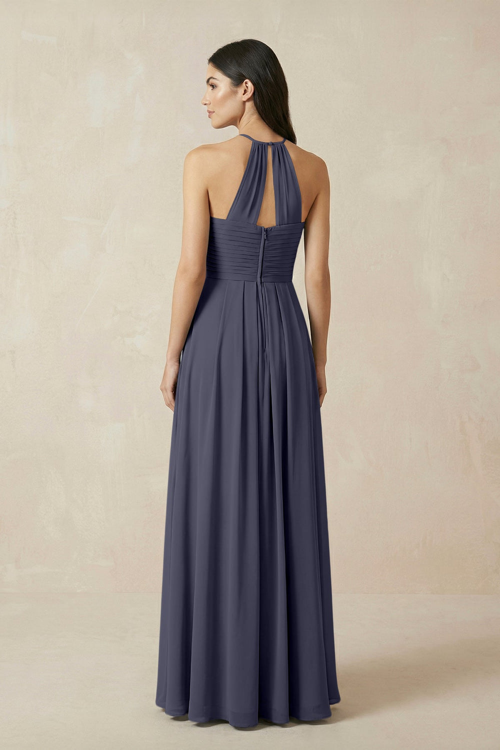 A-Line Halter Neck Pleated Chiffon Bridesmaid Dress in Dusk Blue - KissProm BRIDESMAID DRESSES