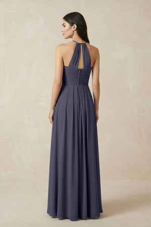 A-Line Halter Neck Pleated Chiffon Bridesmaid Dress in Dusk Blue - KissProm BRIDESMAID DRESSES