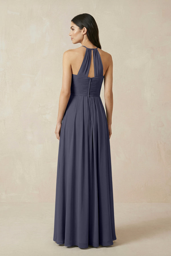 A-Line Halter Neck Pleated Chiffon Bridesmaid Dress in Dusk Blue - KissProm BRIDESMAID DRESSES