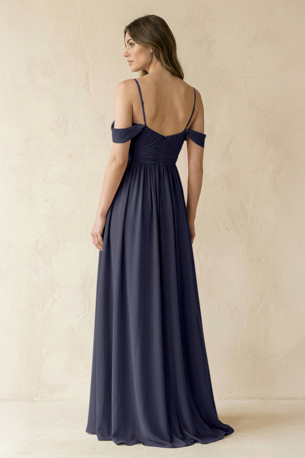 A-Line Off-the-Shoulder Pleated Chiffon Bridesmaid Dress in Dusk Blue - KissProm BRIDESMAID DRESSES