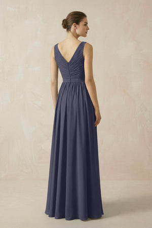 A-Line V-Neck Pleated Chiffon Bridesmaid Dress in Dusk Blue - KissProm BRIDESMAID DRESSES