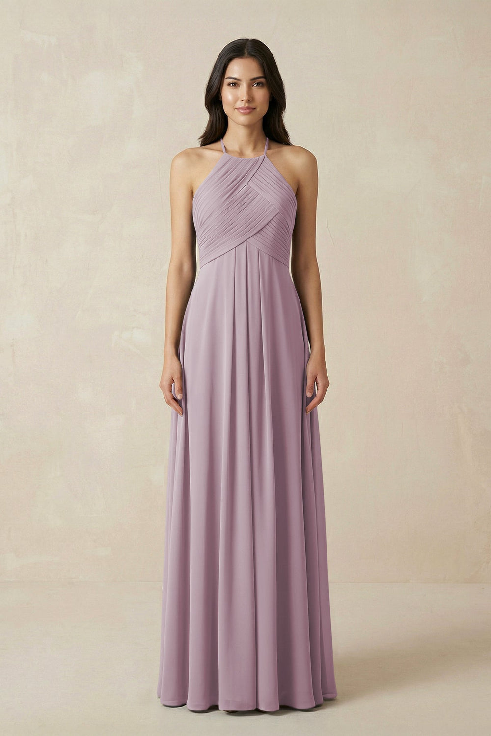 A-Line Halter Neck Pleated Chiffon Bridesmaid Dress in Dusk - KissProm BRIDESMAID DRESSES