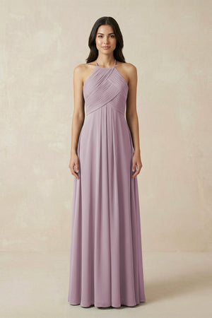 A-Line Halter Neck Pleated Chiffon Bridesmaid Dress in Dusk - KissProm BRIDESMAID DRESSES