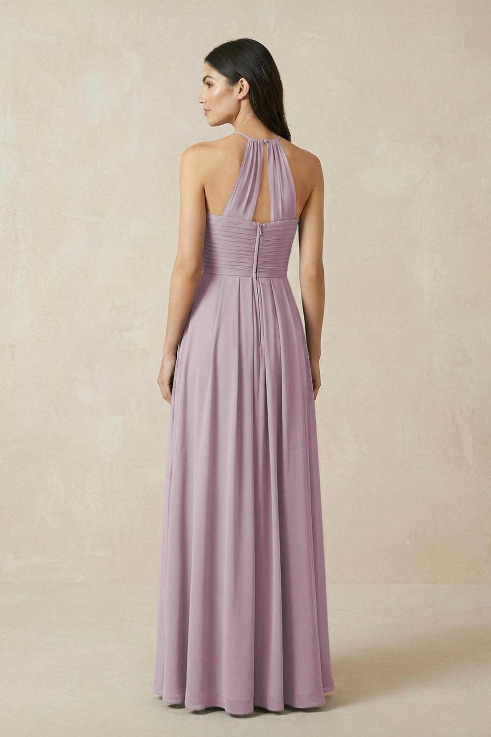 A-Line Halter Neck Pleated Chiffon Bridesmaid Dress in Dusk - KissProm BRIDESMAID DRESSES