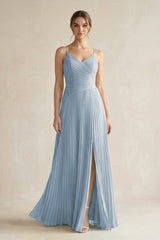 Pleated A-Line Long Chiffon Bridesmaid Dress in Dusty Blue