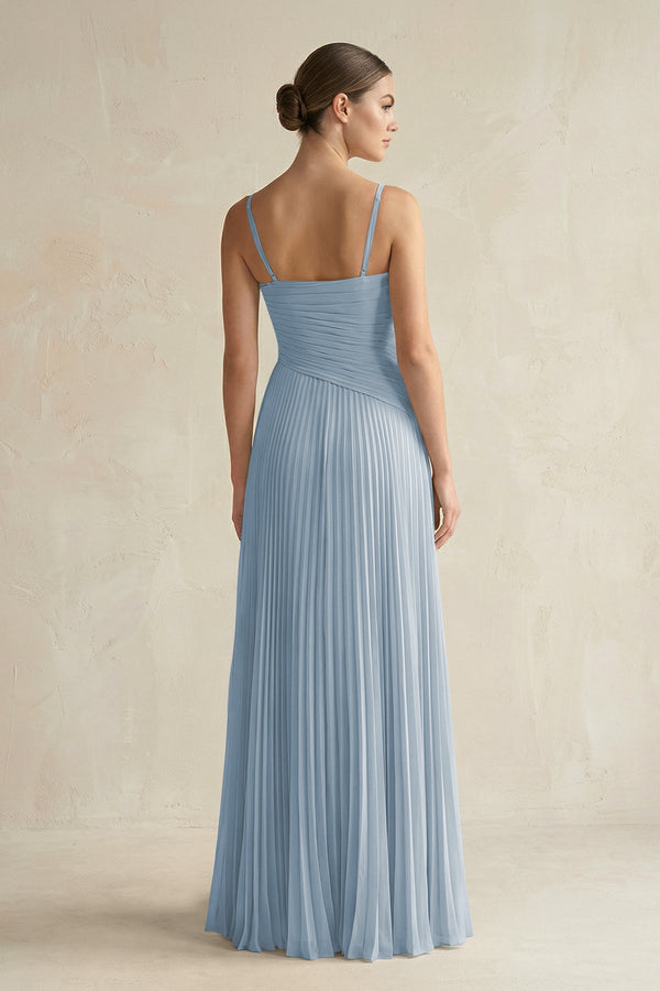 Pleated A-Line Long Chiffon Bridesmaid Dress in Dusty Blue