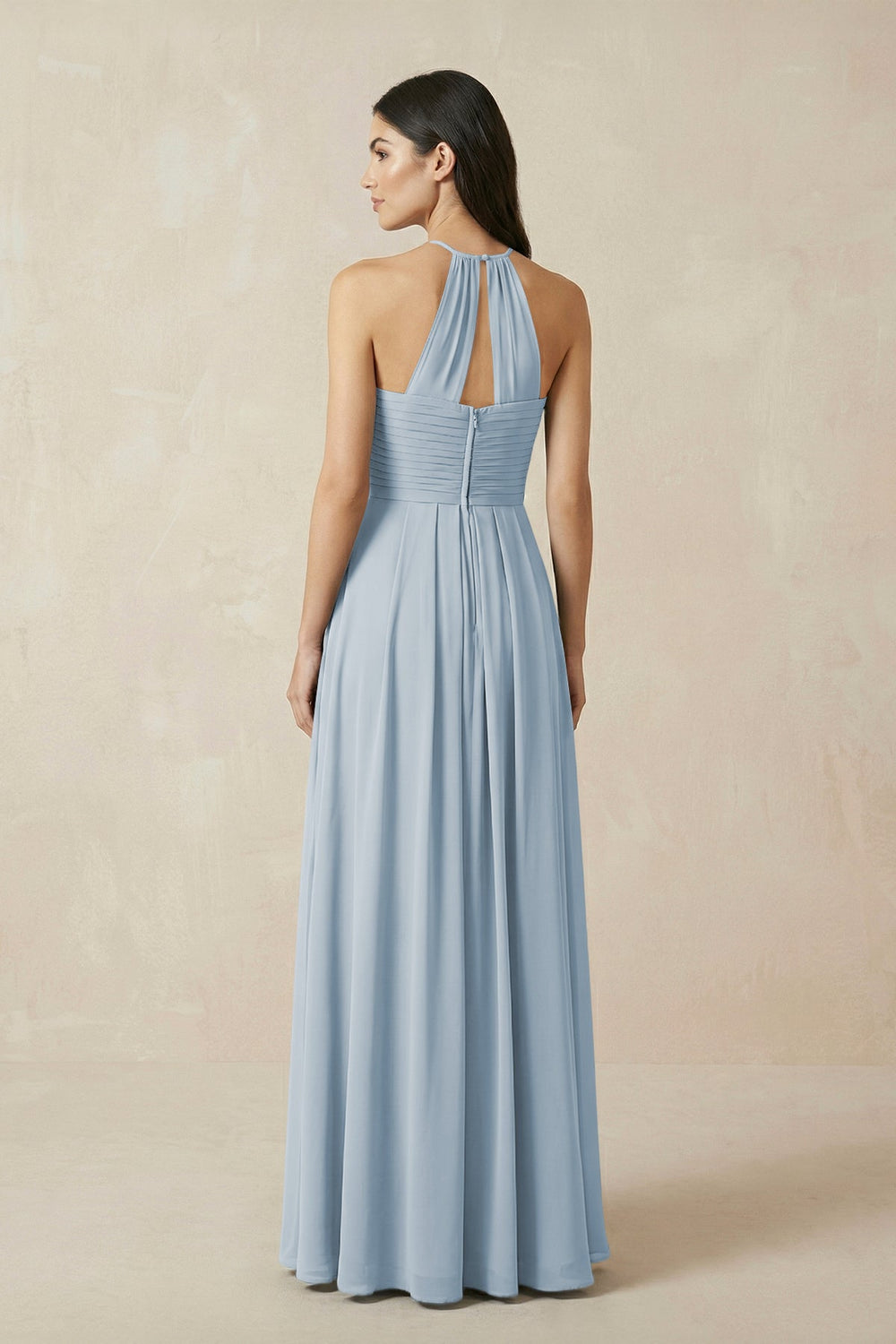 A-Line Halter Neck Pleated Chiffon Bridesmaid Dress in Dusty Blue - KissProm BRIDESMAID DRESSES