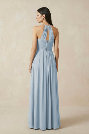 A-Line Halter Neck Pleated Chiffon Bridesmaid Dress in Dusty Blue - KissProm BRIDESMAID DRESSES