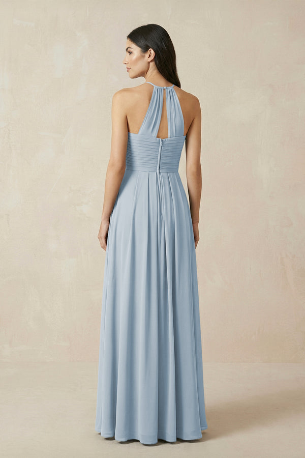 KissProm | Halter Neck Pleated Chiffon Bridesmaid Dress for Gala in Dusty  Blue