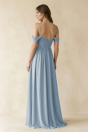 A-Line Off-the-Shoulder Pleated Chiffon Bridesmaid Dress in Dusty Blue - KissProm BRIDESMAID DRESSES
