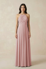 A-Line Halter Neck Pleated Chiffon Bridesmaid Dress in Dusty Rose - KissProm BRIDESMAID DRESSES