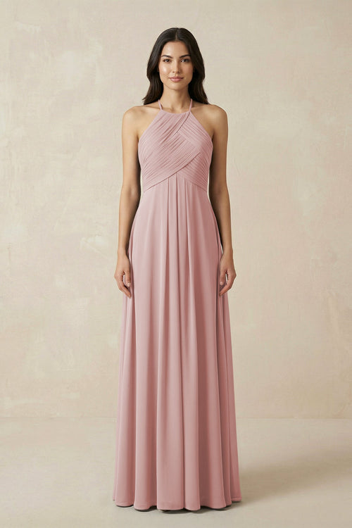 A-Line Halter Neck Pleated Chiffon Bridesmaid Dress in Dusty Rose - KissProm BRIDESMAID DRESSES