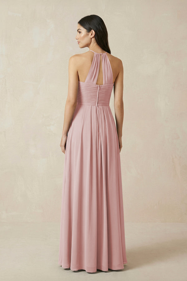 A-Line Halter Neck Pleated Chiffon Bridesmaid Dress in Dusty Rose - KissProm BRIDESMAID DRESSES