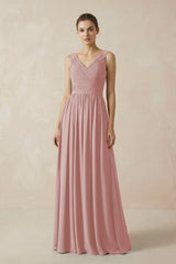 A-Line V-Neck Pleated Chiffon Bridesmaid Dress in Dusty Rose - KissProm BRIDESMAID DRESSES