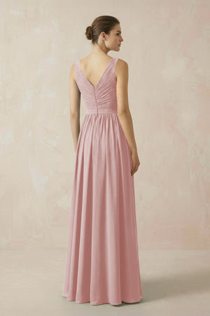A-Line V-Neck Pleated Chiffon Bridesmaid Dress in Dusty Rose - KissProm BRIDESMAID DRESSES