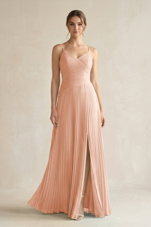 Pleated A-Line Long Chiffon Bridesmaid Dress in English Rose