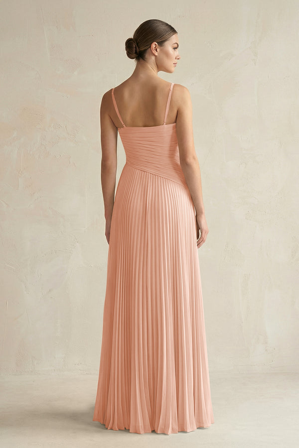 Pleated A-Line Long Chiffon Bridesmaid Dress in English Rose