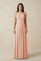 A-Line Halter Neck Pleated Chiffon Bridesmaid Dress in English Rose - KissProm BRIDESMAID DRESSES