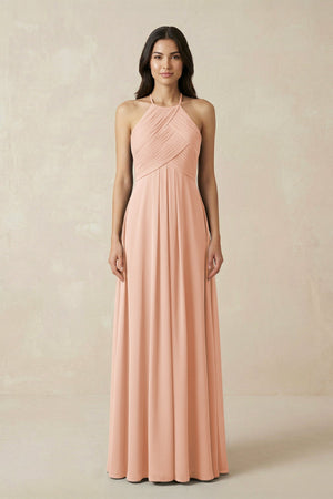 A-Line Halter Neck Pleated Chiffon Bridesmaid Dress in English Rose - KissProm BRIDESMAID DRESSES