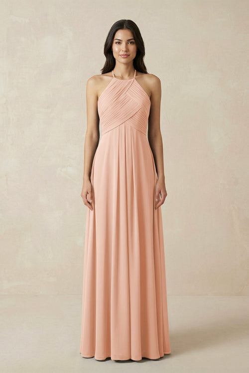 A-Line Halter Neck Pleated Chiffon Bridesmaid Dress in English Rose - KissProm BRIDESMAID DRESSES