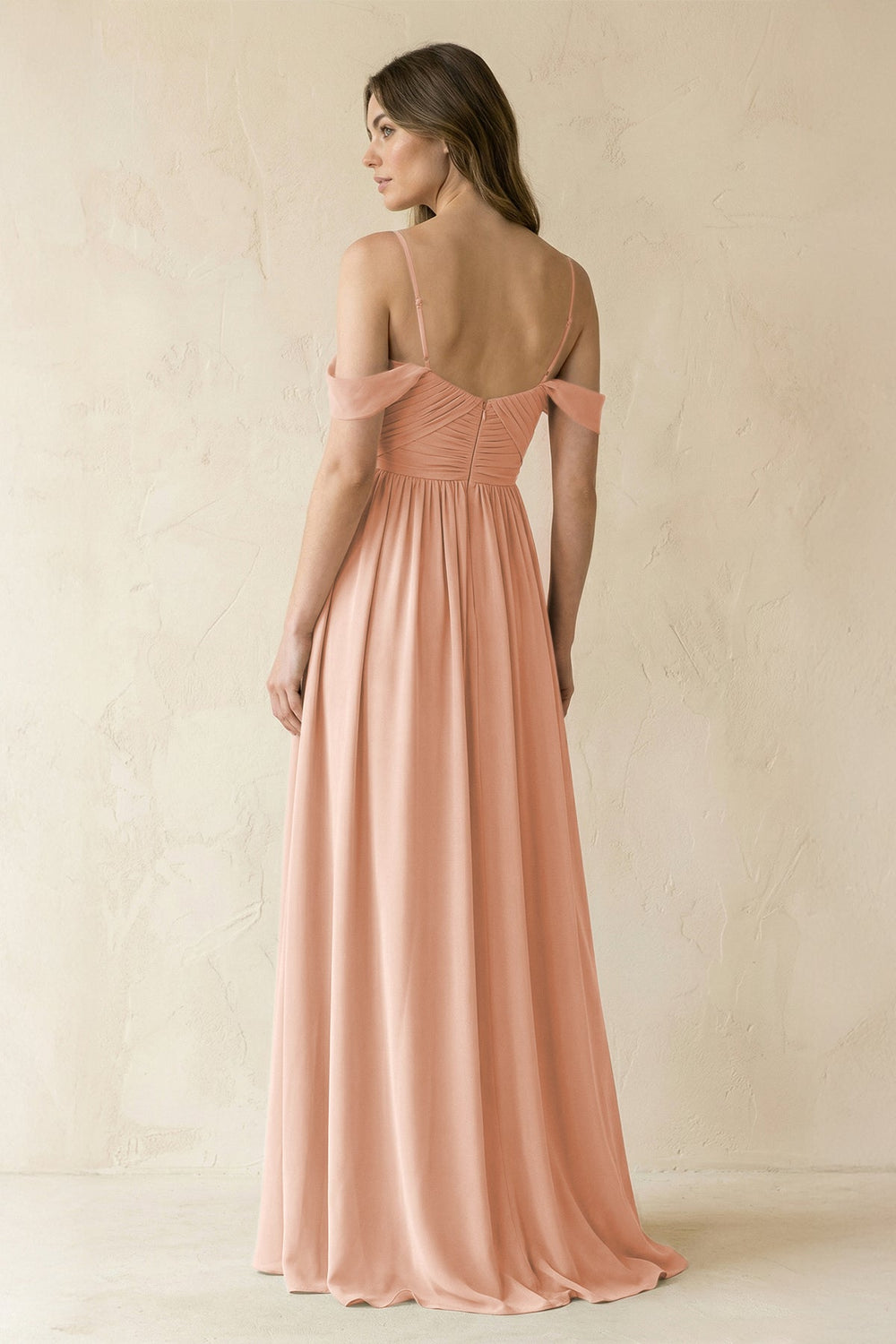 A-Line Off-the-Shoulder Pleated Chiffon Bridesmaid Dress in English Rose - KissProm BRIDESMAID DRESSES