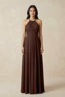 A-Line Halter Neck Pleated Chiffon Bridesmaid Dress in Espresso - KissProm BRIDESMAID DRESSES