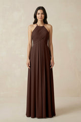 A-Line Halter Neck Pleated Chiffon Bridesmaid Dress in Espresso - KissProm BRIDESMAID DRESSES