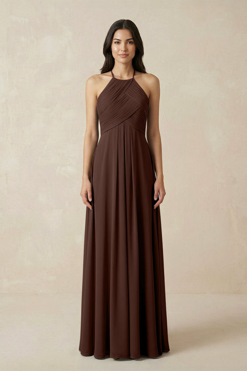 A-Line Halter Neck Pleated Chiffon Bridesmaid Dress in Espresso - KissProm BRIDESMAID DRESSES