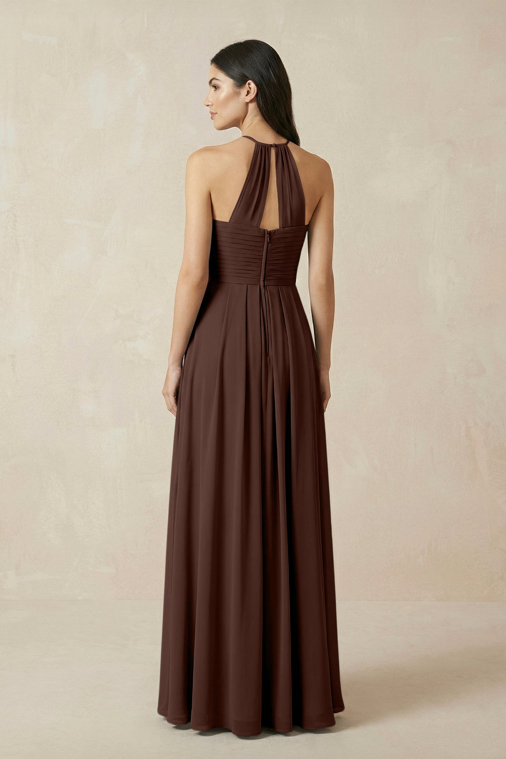 A-Line Halter Neck Pleated Chiffon Bridesmaid Dress in Espresso - KissProm BRIDESMAID DRESSES