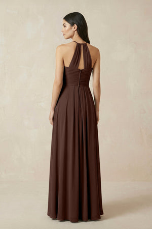 A-Line Halter Neck Pleated Chiffon Bridesmaid Dress in Espresso - KissProm BRIDESMAID DRESSES