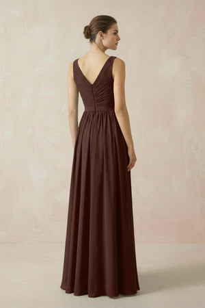 A-Line V-Neck Pleated Chiffon Bridesmaid Dress in Espresso - KissProm BRIDESMAID DRESSES