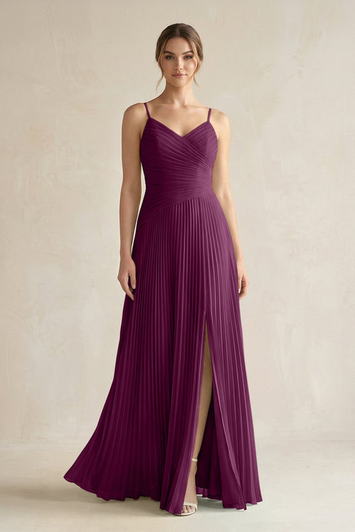 Pleated A-Line Long Chiffon Bridesmaid Dress in Fig