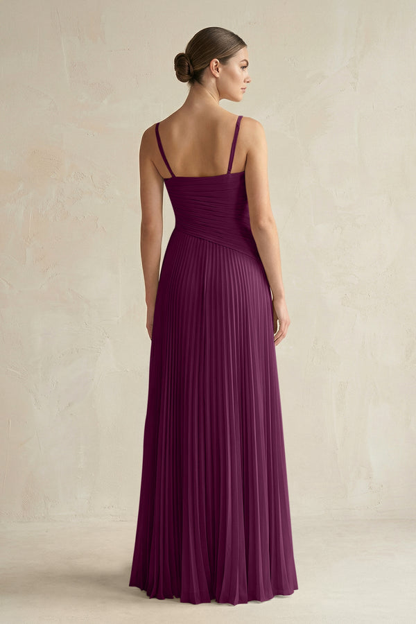 Pleated A-Line Long Chiffon Bridesmaid Dress in Fig