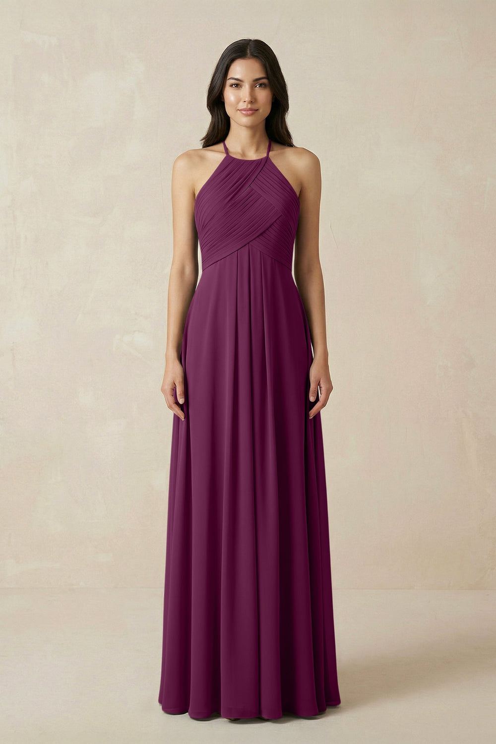 A-Line Halter Neck Pleated Chiffon Bridesmaid Dress in Fig - KissProm BRIDESMAID DRESSES