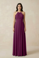 A-Line Halter Neck Pleated Chiffon Bridesmaid Dress in Fig - KissProm BRIDESMAID DRESSES