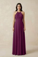 A-Line Halter Neck Pleated Chiffon Bridesmaid Dress in Fig - KissProm BRIDESMAID DRESSES
