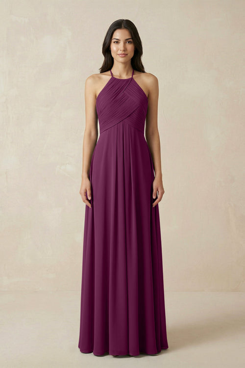 A-Line Halter Neck Pleated Chiffon Bridesmaid Dress in Fig - KissProm BRIDESMAID DRESSES
