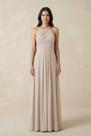 A-Line Halter Neck Pleated Chiffon Bridesmaid Dress in Frost - KissProm BRIDESMAID DRESSES