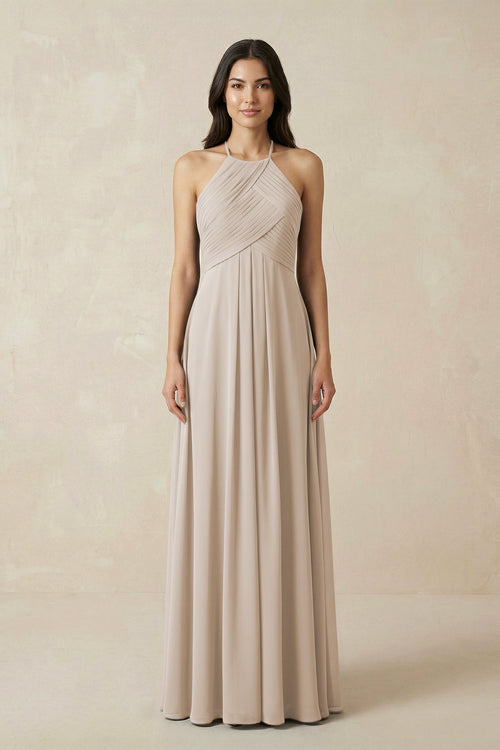 A-Line Halter Neck Pleated Chiffon Bridesmaid Dress in Frost - KissProm BRIDESMAID DRESSES
