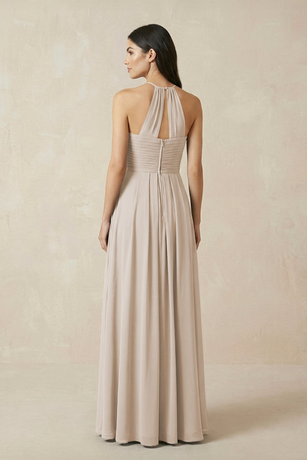 A-Line Halter Neck Pleated Chiffon Bridesmaid Dress in Frost - KissProm BRIDESMAID DRESSES