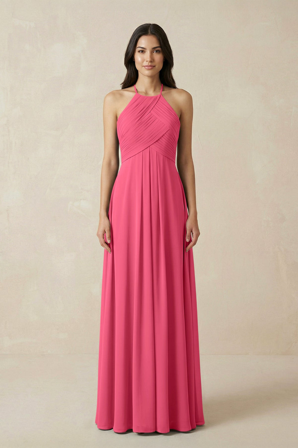 A-Line Halter Neck Pleated Chiffon Bridesmaid Dress in Fuchsia - KissProm BRIDESMAID DRESSES