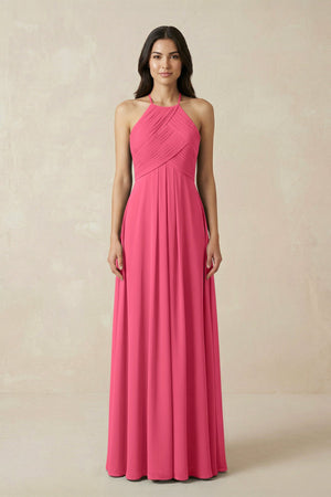 A-Line Halter Neck Pleated Chiffon Bridesmaid Dress in Fuchsia - KissProm BRIDESMAID DRESSES